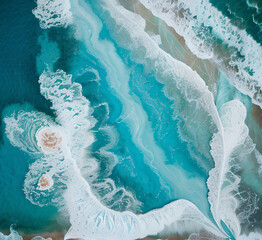 Summer seascape beautiful waves,blue sea water in sunny day.Top view from drone.Sea aerial view,amazing tropical nature.Beautiful bright sea waves splashing and beach sand sunset light.generative ai