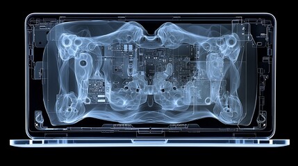 X-ray laptop interior, circuit board, technology, dark background, tech concept