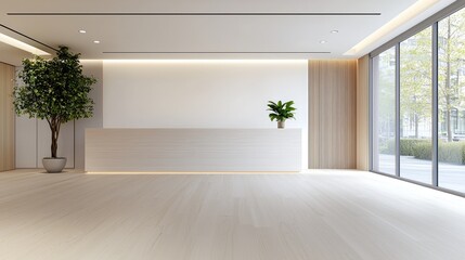 Minimalist office reception area with plants, natural light