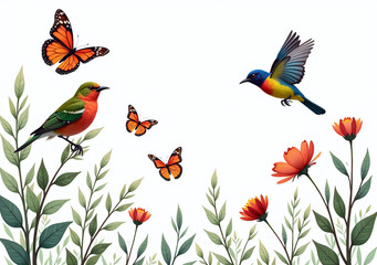 vibrant birds butterflies flutter crisp white backdrop serene natural
