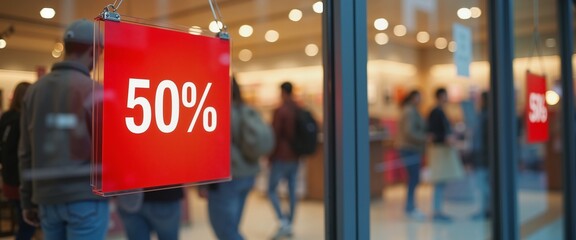 Bold 50% discount sign in vibrant red for retail promotion and marketing