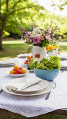 Fototapeta premium A beautifully arranged garden picnic table, adorned with white lace tablecloth, colorful plates of spring vegetables, and floral centerpieces.