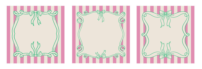 Coquette frames set with wavy lines, bows, ribbons. Collection of outline scallop frame border in striped background. Retro frame wavy border. Wavy frame with bows. Vector illustration