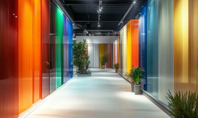 Colorful glass panels line vibrant hallway.