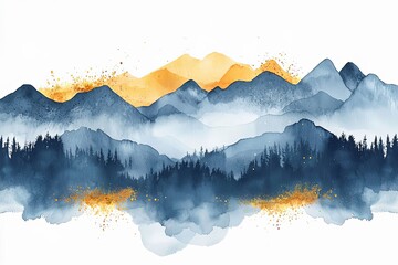 Minimal landscape art with watercolor brush and golden line art texture.