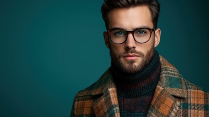 Obraz premium Fashionable man in stylish coat poses confidently against a vibrant teal backdrop showcasing modern elegance