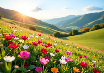 Fototapeta premium vibrant flowers bloom warm sunlight across rolling hills bright spring