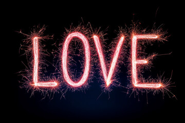 A sparkling representation of the word "Love" illuminated against a dark background through vibrant sparkler effects, symbolizing passion and affection, Valentines Day celebrations.