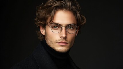 Obraz premium Elegant portrait of a young man with stylish glasses in a moody, dark setting capturing classic sophistication