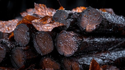 Wet firewood logs, autumn leaves, rain.  Possible use Nature background, stock photography