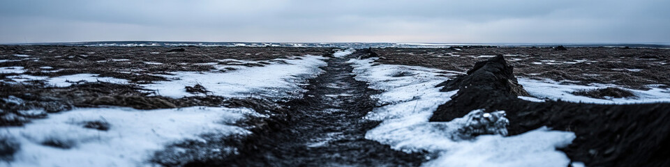 Snowy Path Through Brown Grassland