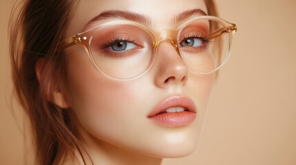 Fototapeta premium Captivating close-up of a stylish woman showcasing fashionable eyewear with a soft, warm backdrop