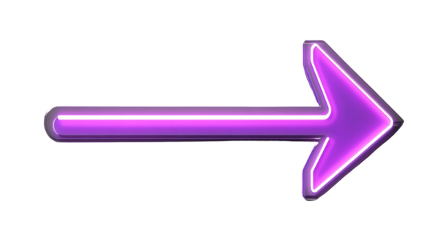 Purple neon arrow pointing right on transparent background