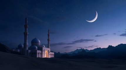 Fototapeta premium Ramadan Kareem greeting. Islamic crescent moon and mosque. End of fasting. ramadan decorations, Eid al-Fitr. Breaking of holy fast day. Muslim holiday. Arab night sky.