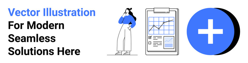 Woman standing by clipboard with growth graph and large blue plus sign. Ideal for business, analysis, growth, healthcare, teamwork, strategy, innovation, flat landing page banner