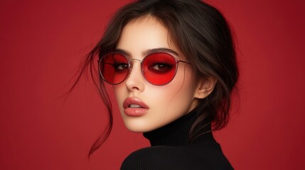 Striking close-up of a model with bold red sunglasses against a vibrant red background