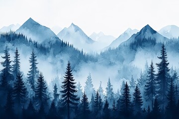 Obraz premium Flat forest illustration with pine trees and mountains. Outdoor scene. Nature background.