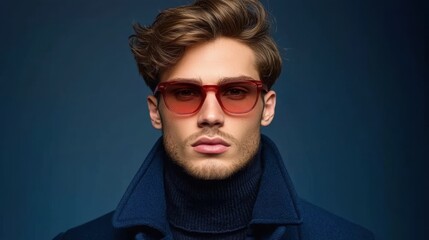 Obraz premium Stylish young man showcasing modern eyewear in a sleek, dark-toned studio environment with a confident expression