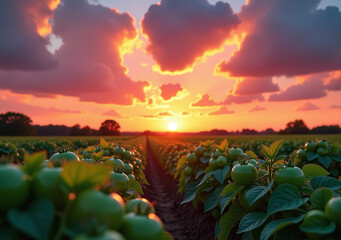 vibrant sunset clouds fields green tomatoes glowing warmly evening