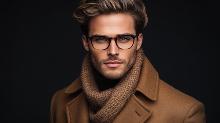 Obraz premium Captivating portrait of a stylish young man exuding confidence in a cozy autumn outfit with warm tones