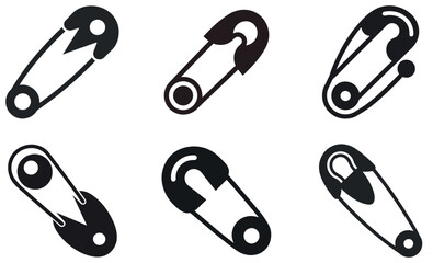 Simple Black and White Safety Pin Icons Set