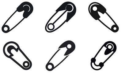 Simple Black and White Safety Pin Icons Set