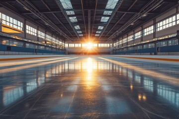 Fototapeta premium Skating rink with sunlight reflecting on smooth ice surface at dawn