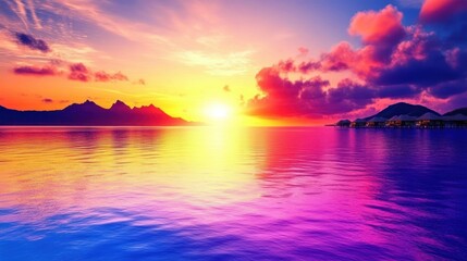 Vivid sunset over calm ocean with distant mountains and island resorts