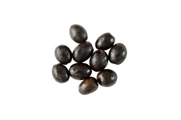 A top down view of a pile of black pitted olives, against a white background.