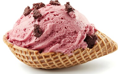 Delicious berry ice cream scoop with brownie bits in a waffle bowl