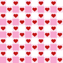 Pink Heart gingham check plaid pattern. Valentine's Day design. Vector background. Seamless texture for print, textile, fabric.