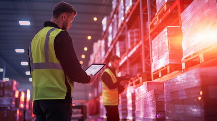 Warehouse workers managing inventory with digital tools