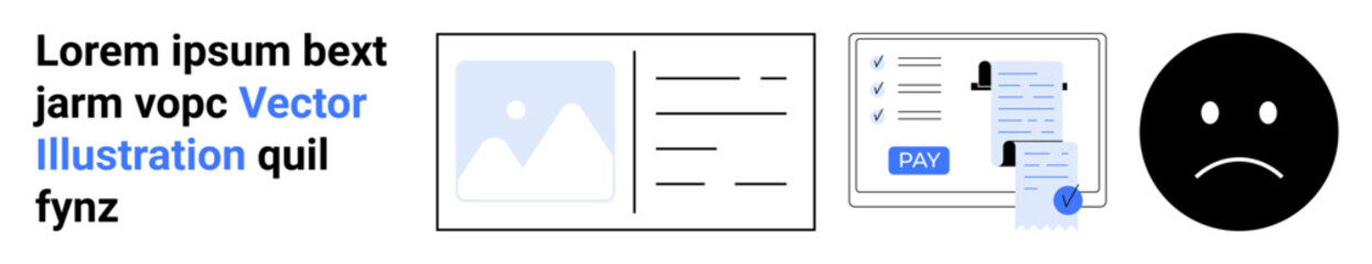 Sad face, text layout, image placeholder, and calendar interface evoke themes of failure, missed deadlines, poor planning, and frustration. Ideal for emotional reactions, productivity delay