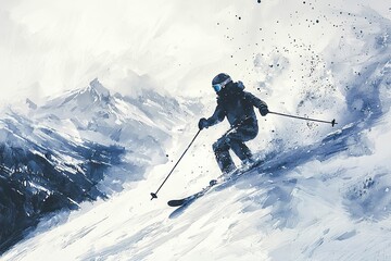 Carefree skier downhill skiing on sunny remote mountain slope..