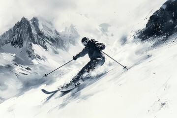 Carefree skier downhill skiing on sunny remote mountain slope..
