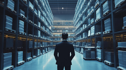 Fototapeta premium Industrial warehouse director in a corporate logistics center, overseeing automated storage and retrieval systems, futuristic and structured workspace, cropped at torso.