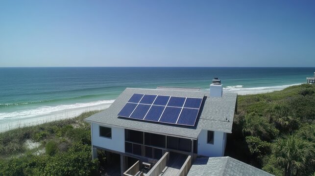 Sustainable coastal living house with solar panels overlooking ocean view