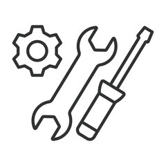 Tools, icon in line design. Tools, wrench, hammer, screwdriver, pliers, drill, saw, spanner on white background vector. Tools, icon in line design editable stroke icon
