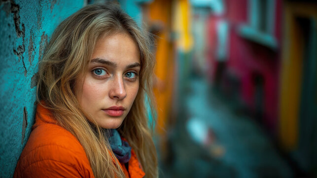 Reflective Woman in a Colorful Alleyway