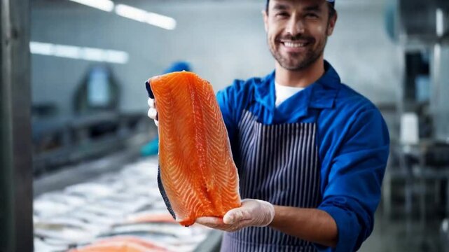 A smiling man worker in a blue uniform and gloves holds a large fresh salmon fillet in a seafood processing facility.