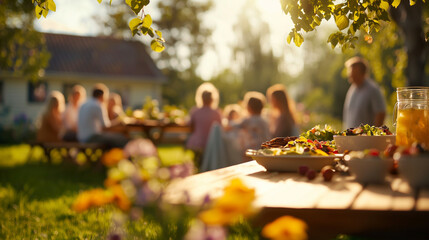 A joyful family gathering around a sunny outdoor dining table