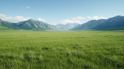 Fototapeta premium Vast green meadow amidst mountains under clear sky. Scenic landscape, perfect for nature backdrop