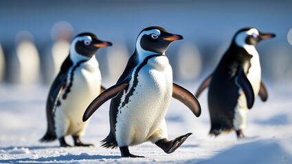 Obraz premium Groups of penguins move energetically across the snowy landscape, displaying their characteristic waddle. The sunshine enhances their playful antics, evoking laughter
