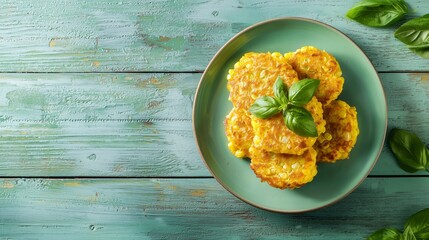 Top-Down of Golden Sweetcorn and Basil Fritters Stacked Neatly on Pastel Green Ceramic Plate, With Fresh Basil Garnish Against a Light Mint Wooden Background, Vibrant and Crisp Presentation