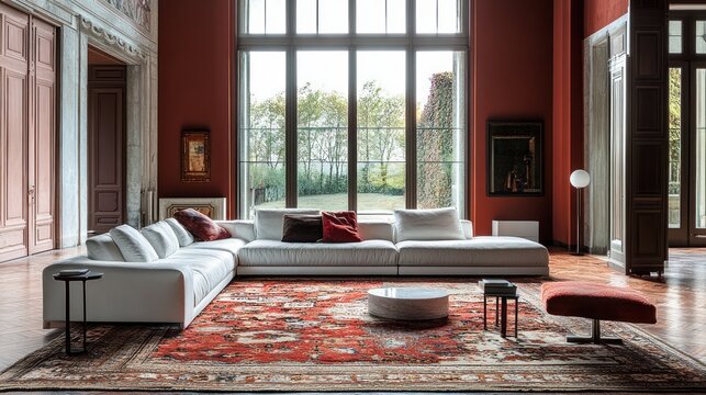Elegant living room featuring a plush white sofa and vibrant area rug