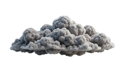 A fluffy cloud is white and gray, with a soft, billowy texture, against a transparent background.