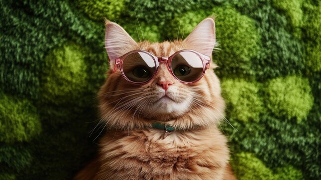 Charming cat models trendy sunglasses against a lush green backdrop showcasing its playful personality