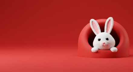 Adorable white bunny peeking from red arch on minimalistic solid red background