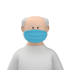 Portrait of a senior male character wearing a blue medical mask over white background, 3d illustration