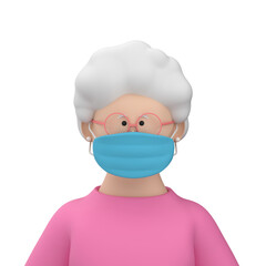 Portrait of a senior female character wearing a blue medical mask over white background, 3d illustration